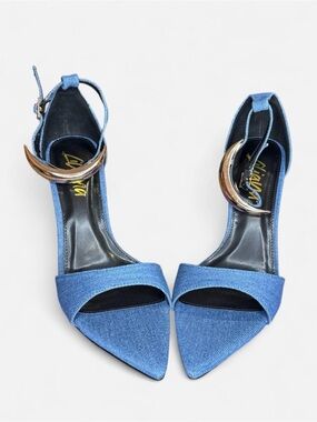 Liliana Denim Blue Pointed Toe Ankle Strap Heels with Gold Crescent Buckle